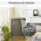 Grey bamboo triangular laundry basket with lid and curved handle for corners