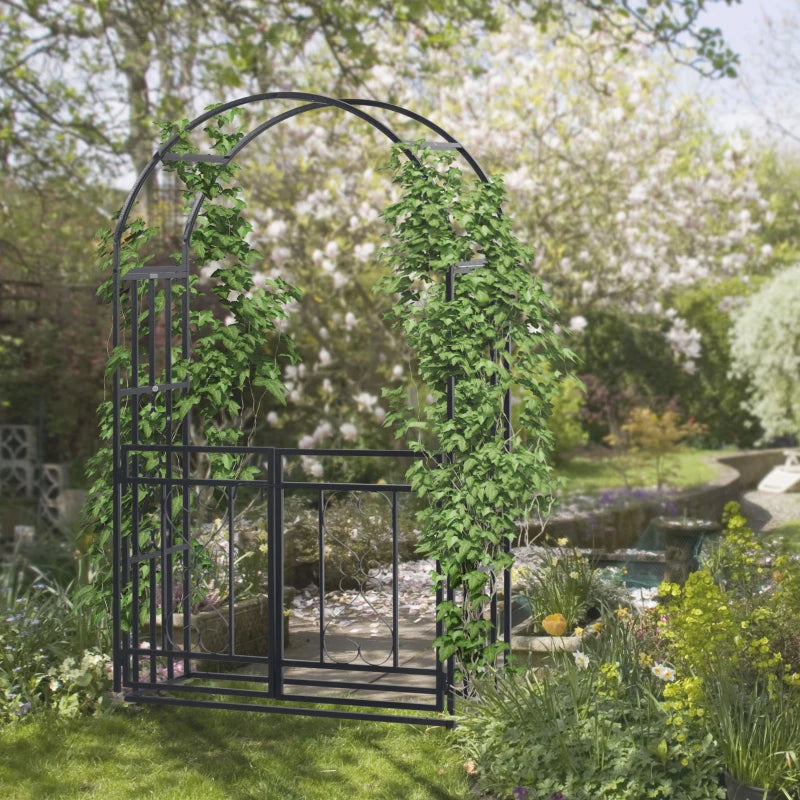 Dark grey metal garden arch with climbing vines on the double-gate frame