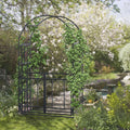 Dark grey metal garden arch with climbing vines on the double-gate frame