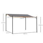 Grey metal gazebo canopy with measurements and open perimeter frame, sloped top.