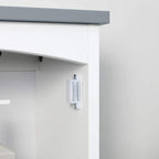 White bathroom wall cabinet door with strip handle under a light grey top panel