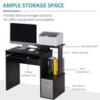 Black computer desk showing sliding keyboard tray and fabric drawer storage compartment