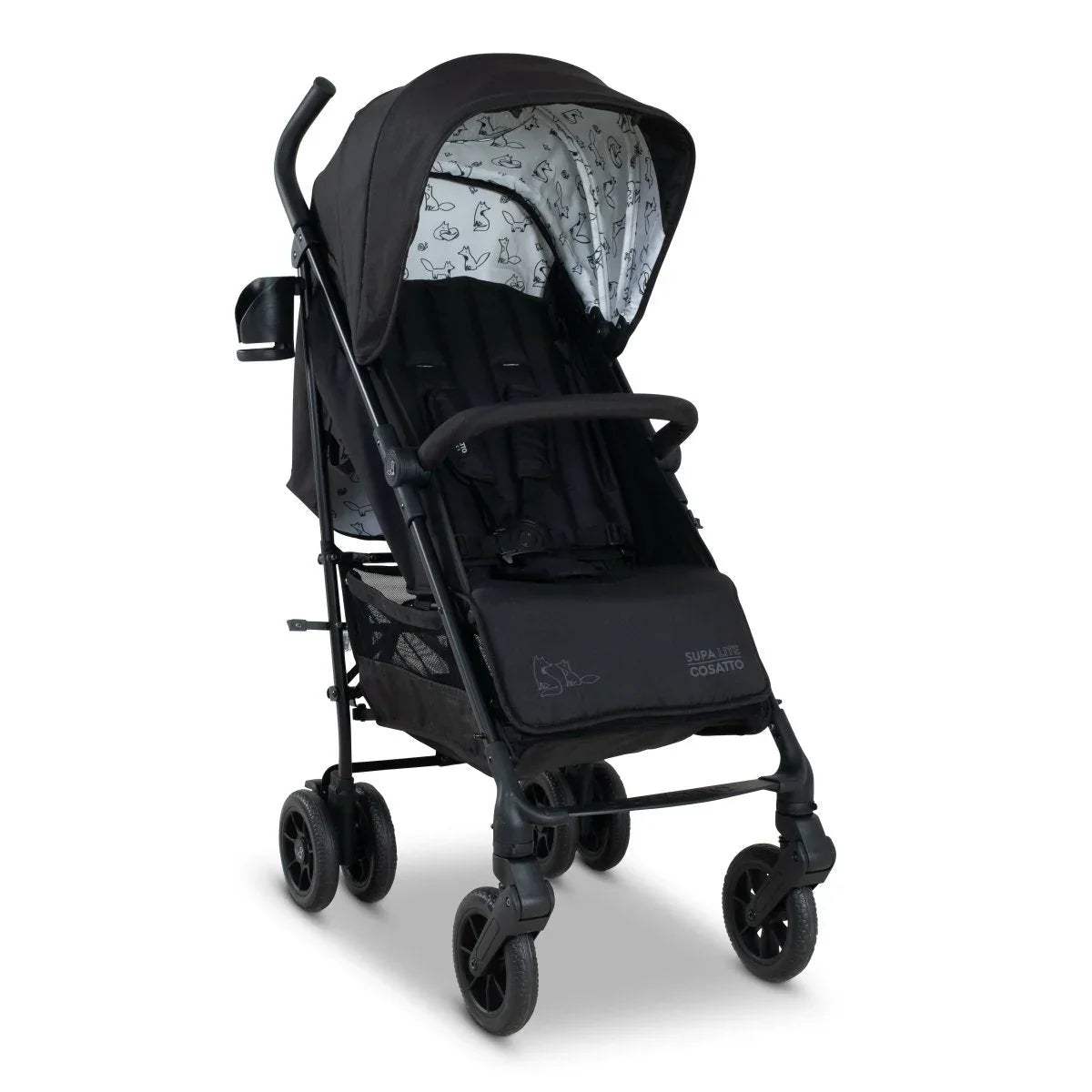 Lightweight stroller with black frame and patterned seat canopy, side view