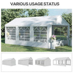 White outdoor gazebo tent with clear window sections and multi-panel side layout