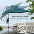 Blue cantilever parasol umbrella with adjustable canopy and black curved support arm