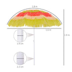 Hawaiian parasol size diagram: fringed multicolour canopy and white pole