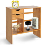 Bamboo desk organizer with open shelf space and two drawer drawers