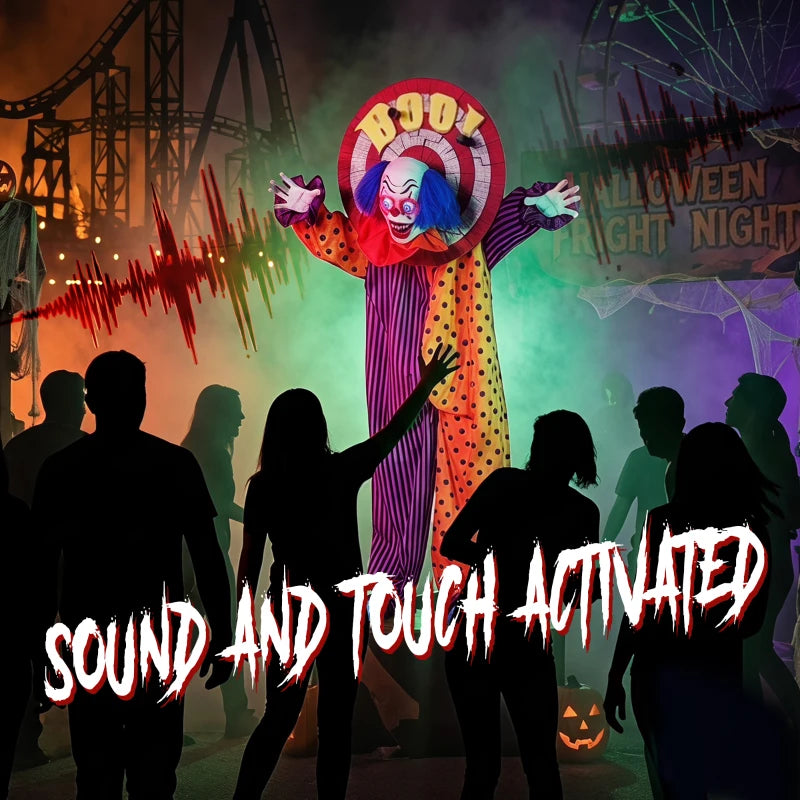 Animated clown with red face, blue wig, and orange polka-dot purple striped jumpsuit