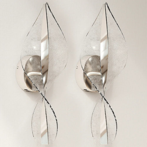 Set of two silver spiral LED wall lamps with curved metal arms and vertical light strip