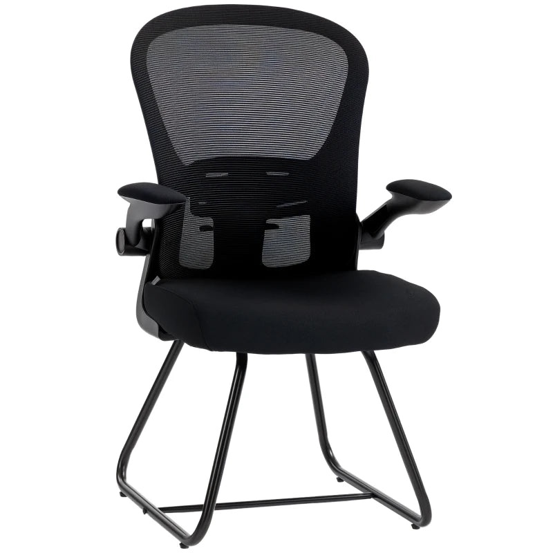 Black mesh-back reception chair with flip-up armrests and lumbar support
