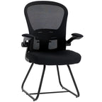 Black mesh-back reception chair with flip-up armrests and lumbar support