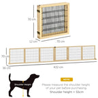 Natural wood pet gate with black wire mesh, shown with height and width measurements.