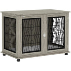 Grey pet crate furniture end table with three black wire doors and sturdy wood-look frame