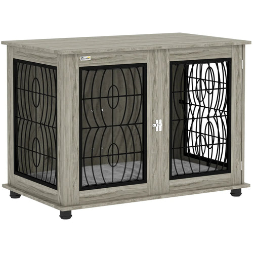 Grey pet crate furniture end table with three black wire doors and sturdy wood-look frame