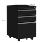 Black 3-drawer mobile filing cabinet with lock and casters, with size dimensions