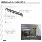 Grey manual retractable awning installation illustration with crank handle