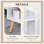 White bookcase with rounded corners, pine legs, open shelves, and grey cabinet doors