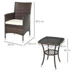 Brown rattan armchair with white cushion and round glass-top table