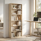 Oak wood effect bookcase with open shelving, viewed at an angle