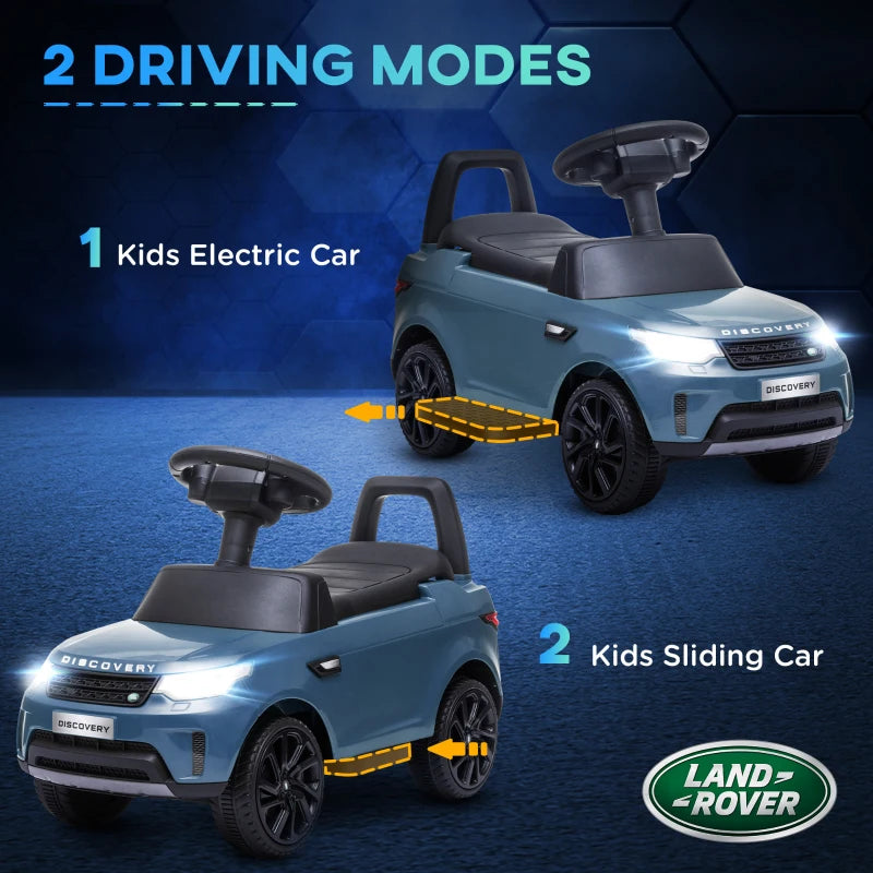 Light blue kids electric ride-on car with sliding seat driving mode, black wheels and steering