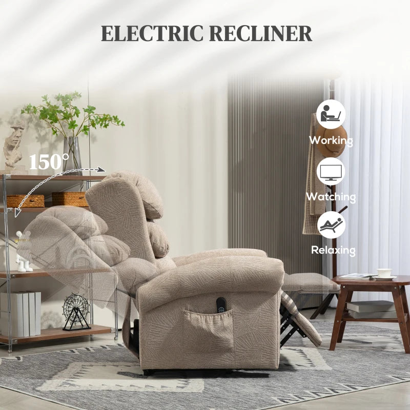 Khaki electric recliner chair with padded armrest side control panel