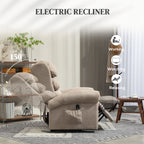 Khaki electric recliner chair with padded armrest side control panel