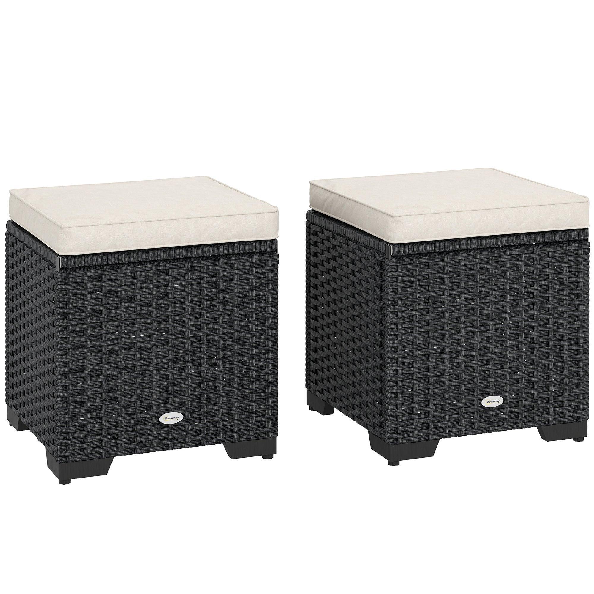 Set of 2 Rattan Storage Ottoman, Outdoor Footstool with Removable Cushions, Garden Storage Seat for Balcony, Porch, Living Room, Cream - Bobobiy