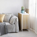 Oak and white foldable drop-leaf side table with storage cabinet and open shelf
