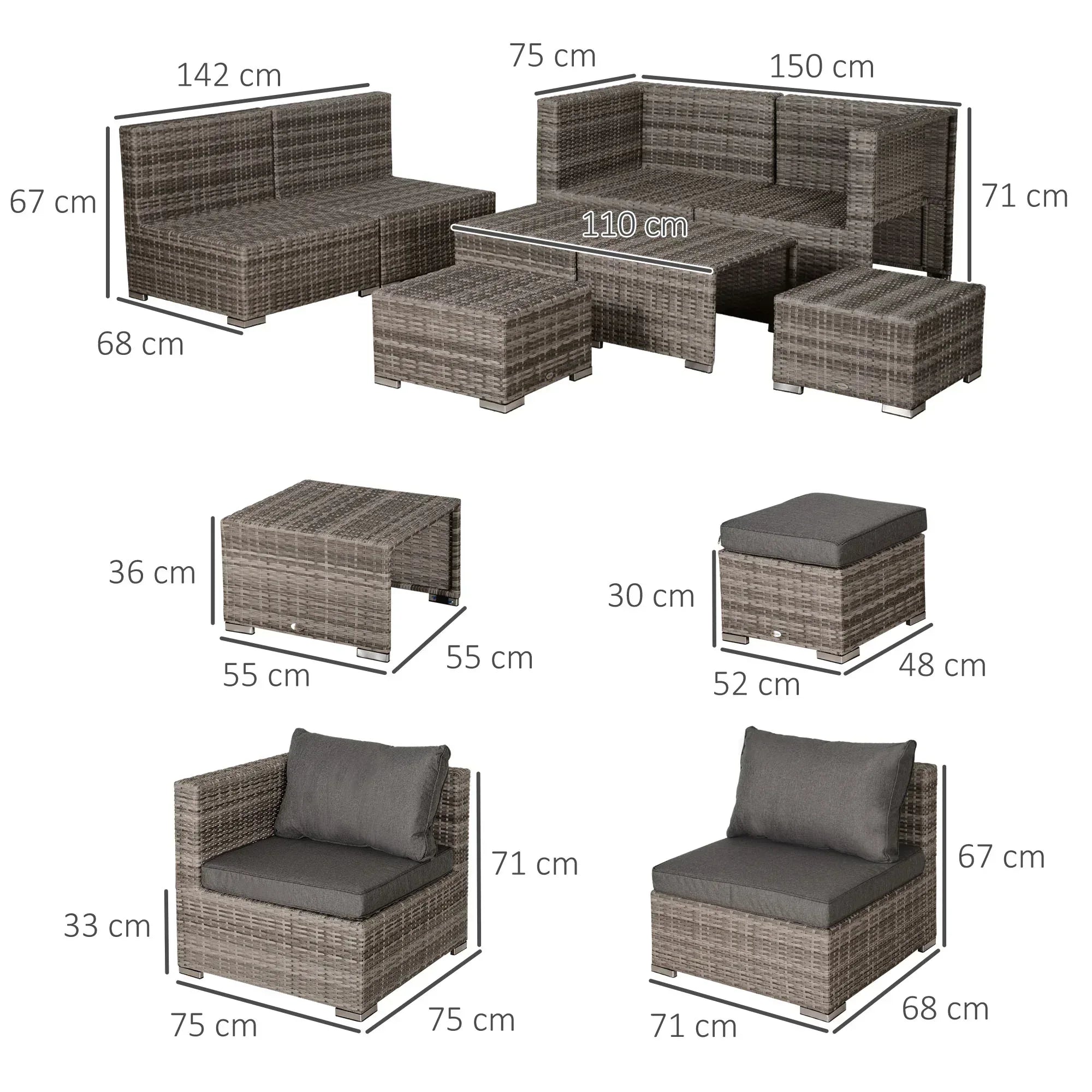 8 Pieces Rattan Garden Furniture Set, Garden Corner Sofa Set with 4 Chairs, 2 Footstools, 2 Coffee Tables and Cushions, Space-Saving Design, No Assembly Required, Grey - Bobobiy
