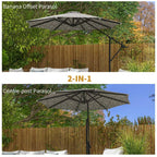 Banana offset parasol with grey geometric canopy and black side-support pole