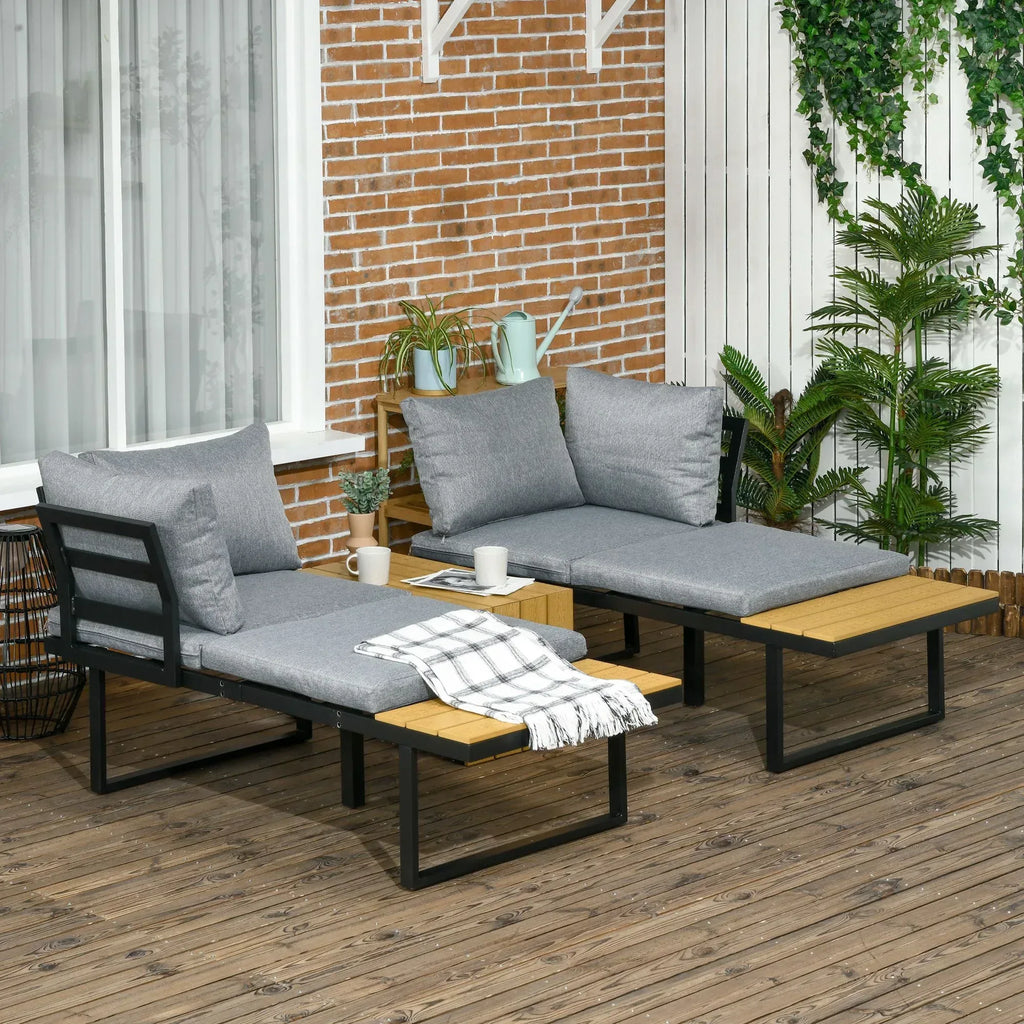 3 Pieces Patio Furniture Set, Outdoor Garden Sofa Conversation Set w/ Padded Cushions, Wood Grain Plastic Top Table and Side Panel, Dark Grey - Bobobiy