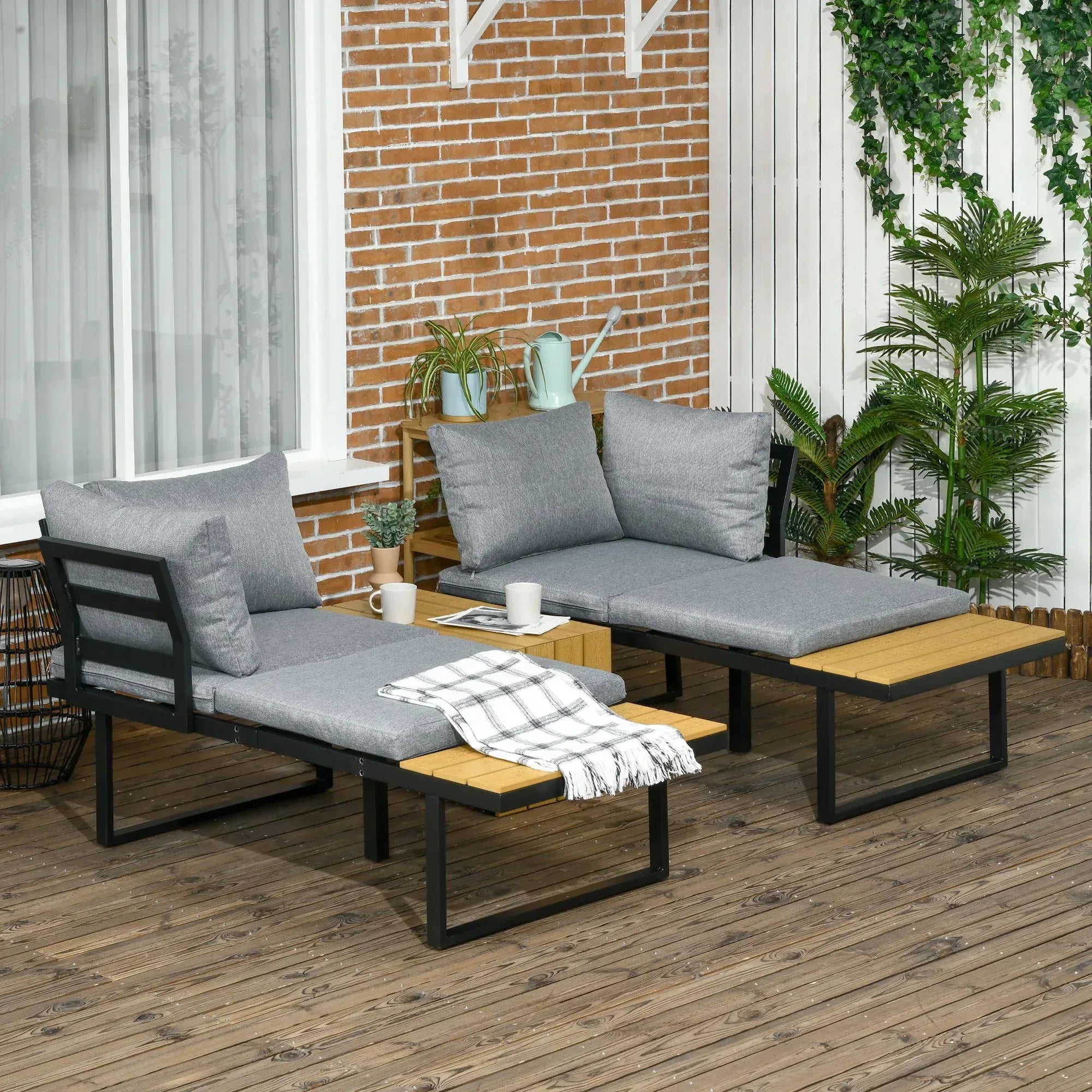 3 Pieces Patio Furniture Set, Outdoor Garden Sofa Conversation Set w/ Padded Cushions, Wood Grain Plastic Top Table and Side Panel, Dark Grey - Bobobiy