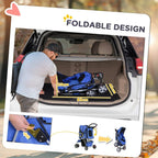 Blue foldable pet stroller shown open and folded for car storage