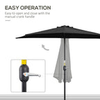 Black half parasol with crank handle mechanism and hanging fabric panel