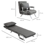 Grey chair bed with backrest and extended daybed base, 185.5 cm long