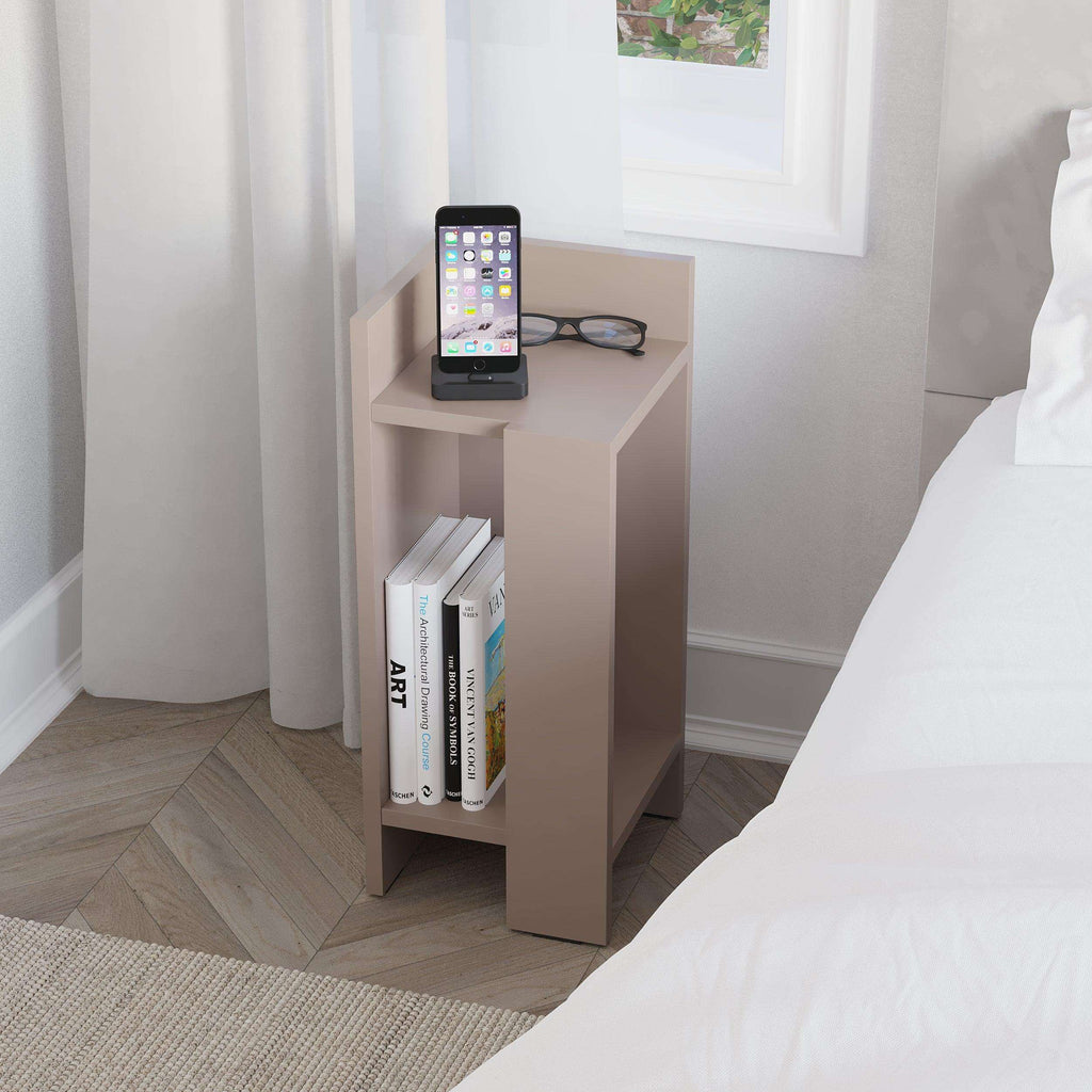 Brown narrow bedside table left module with open top and book storage compartment