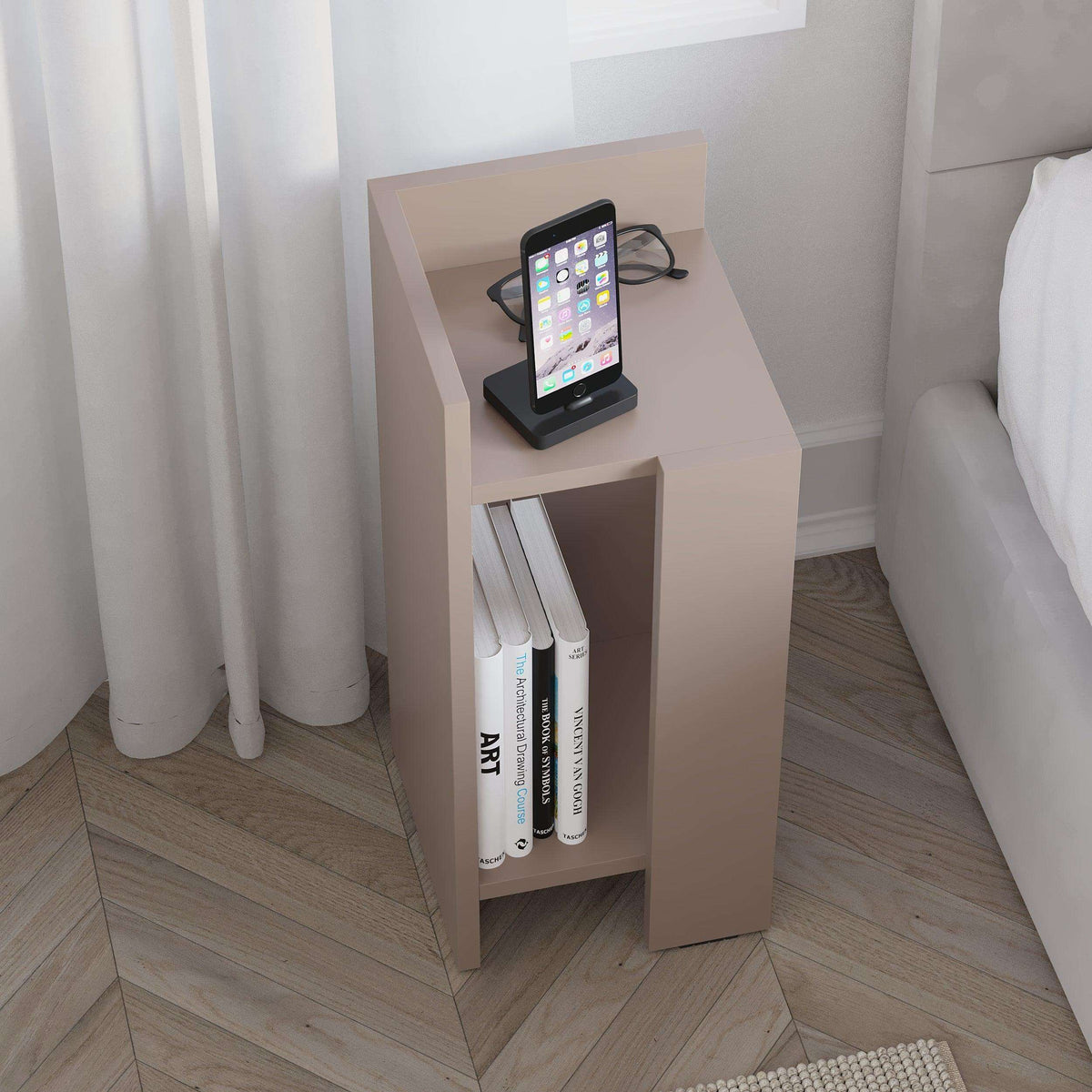 Narrow left bedside table module, light retro grey with dark grey side panel
