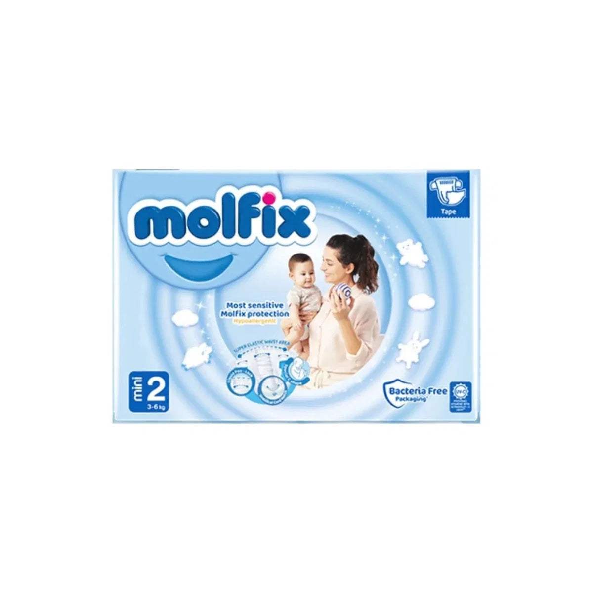 Molfix mini size 2 baby diaper box, light blue tape-on packaging