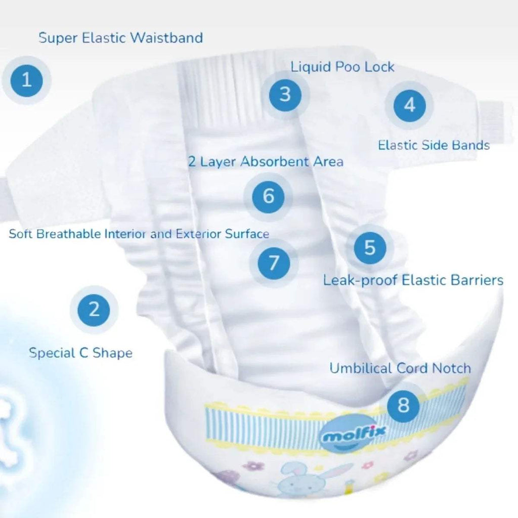 White baby diaper with elastic waist and leak-proof barrier, side panel view