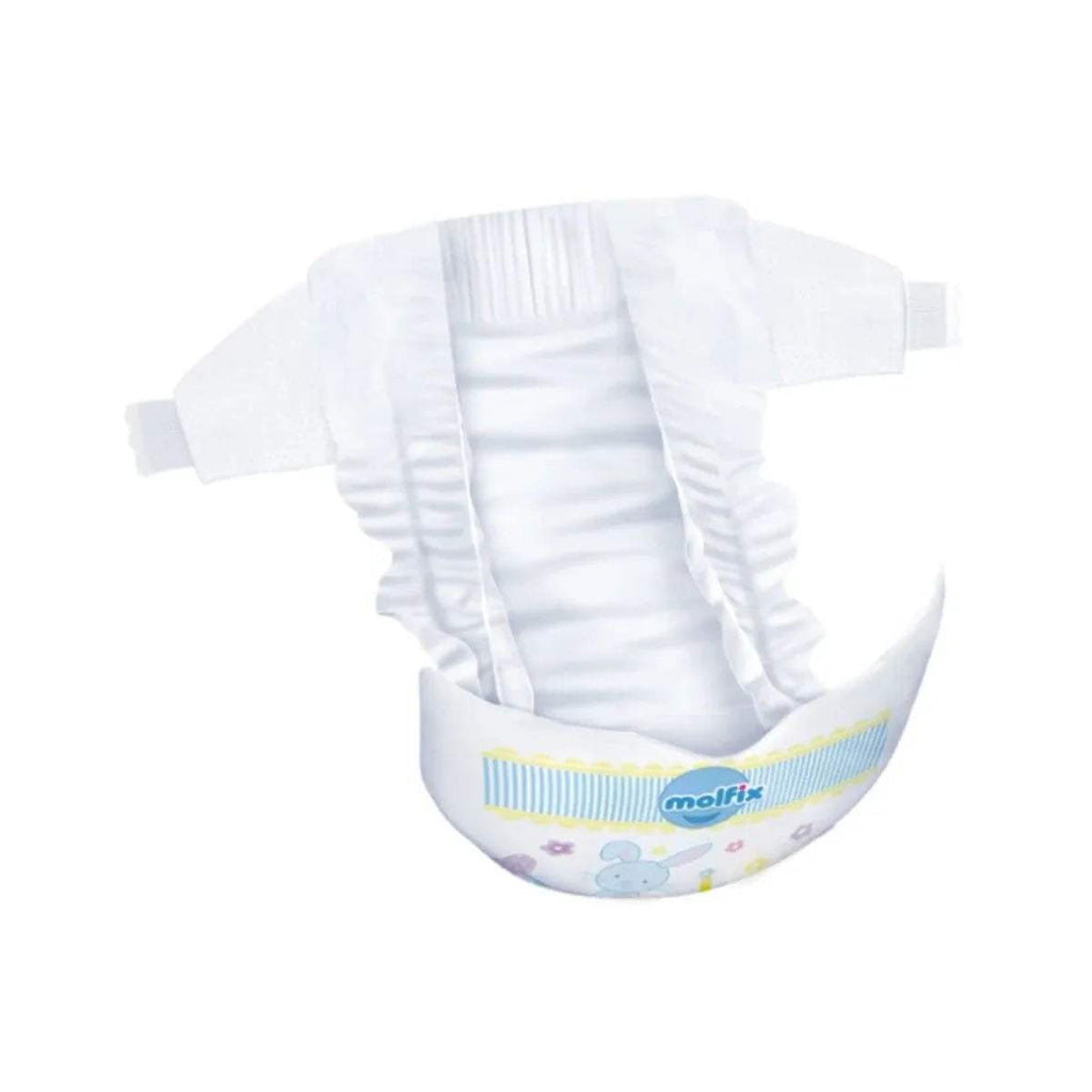 White baby diaper with soft elastic waistband and printed trim, front view