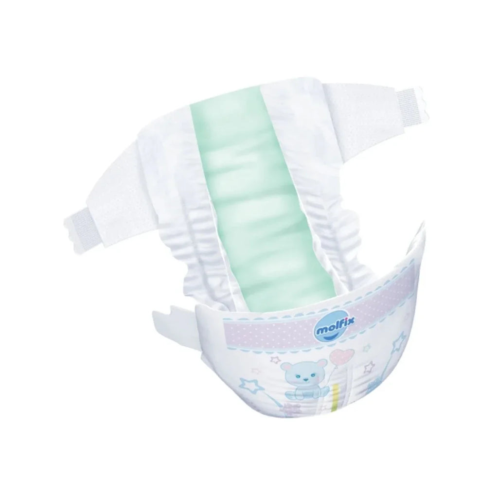 White disposable nappy pants with light green core and molfix logo