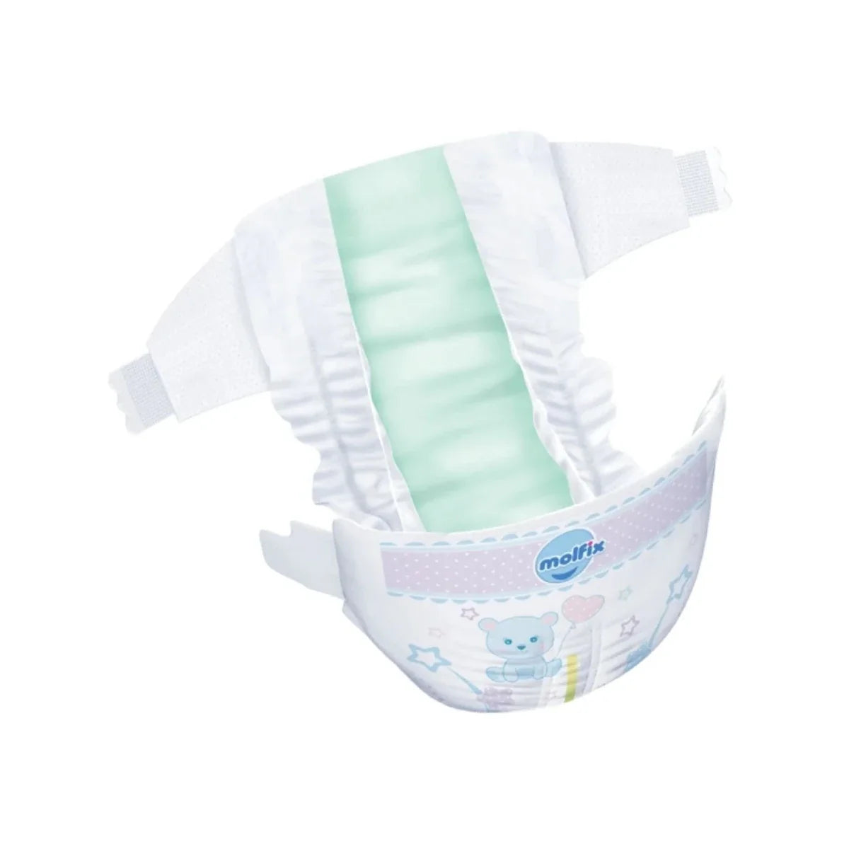 White disposable nappy pants with light green core and molfix logo