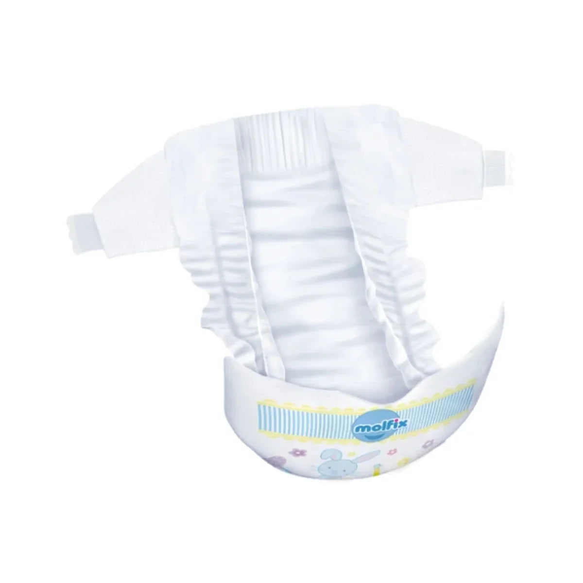 Disposable junior diapers, white with blue and yellow waistband, side panels visible