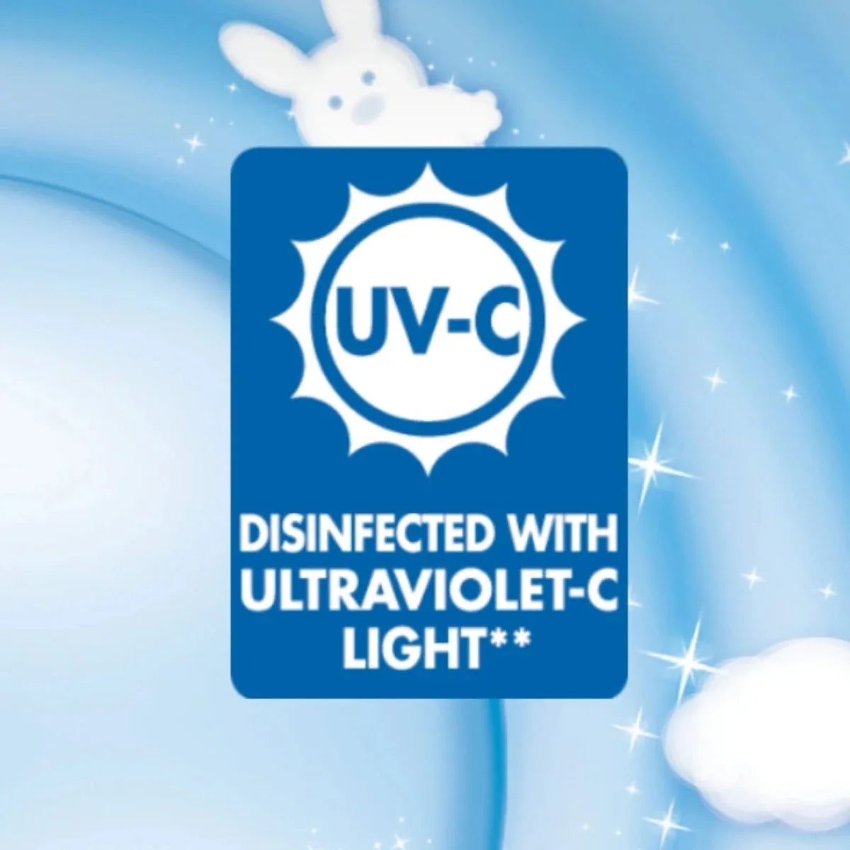 UV-C disinfected with ultraviolet-C light badge on blue diaper packaging