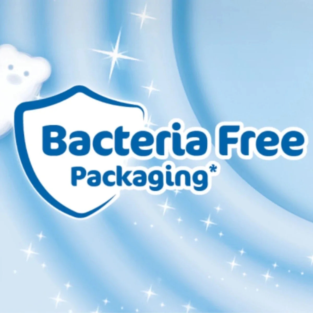 Bacteria free packaging shield badge on blue diaper packaging