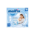 Baby diaper pack, size 1, blue Molfix box with tape label and care icons
