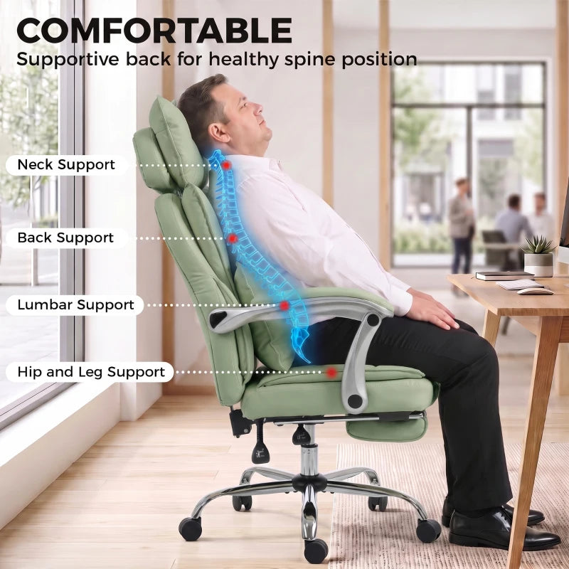 Light green office chair with supportive back, lumbar support, and leg support recline