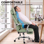 Light green office chair with supportive back, lumbar support, and leg support recline