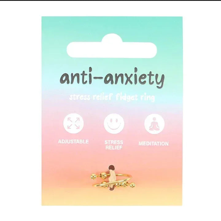 Gold tone anti-anxiety fidget ring with round bead charms on display card