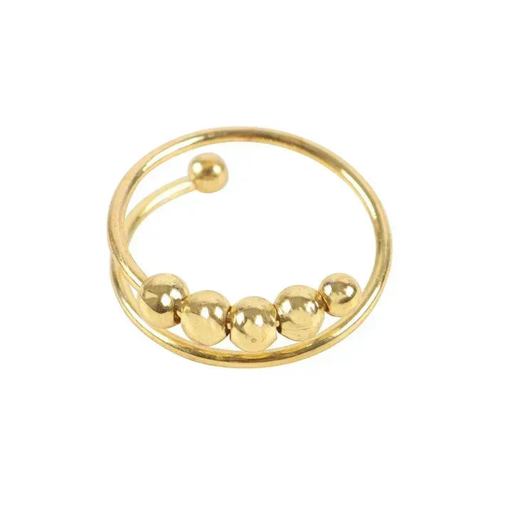 Gold tone anti-anxiety fidget ring with round bead charms on open band